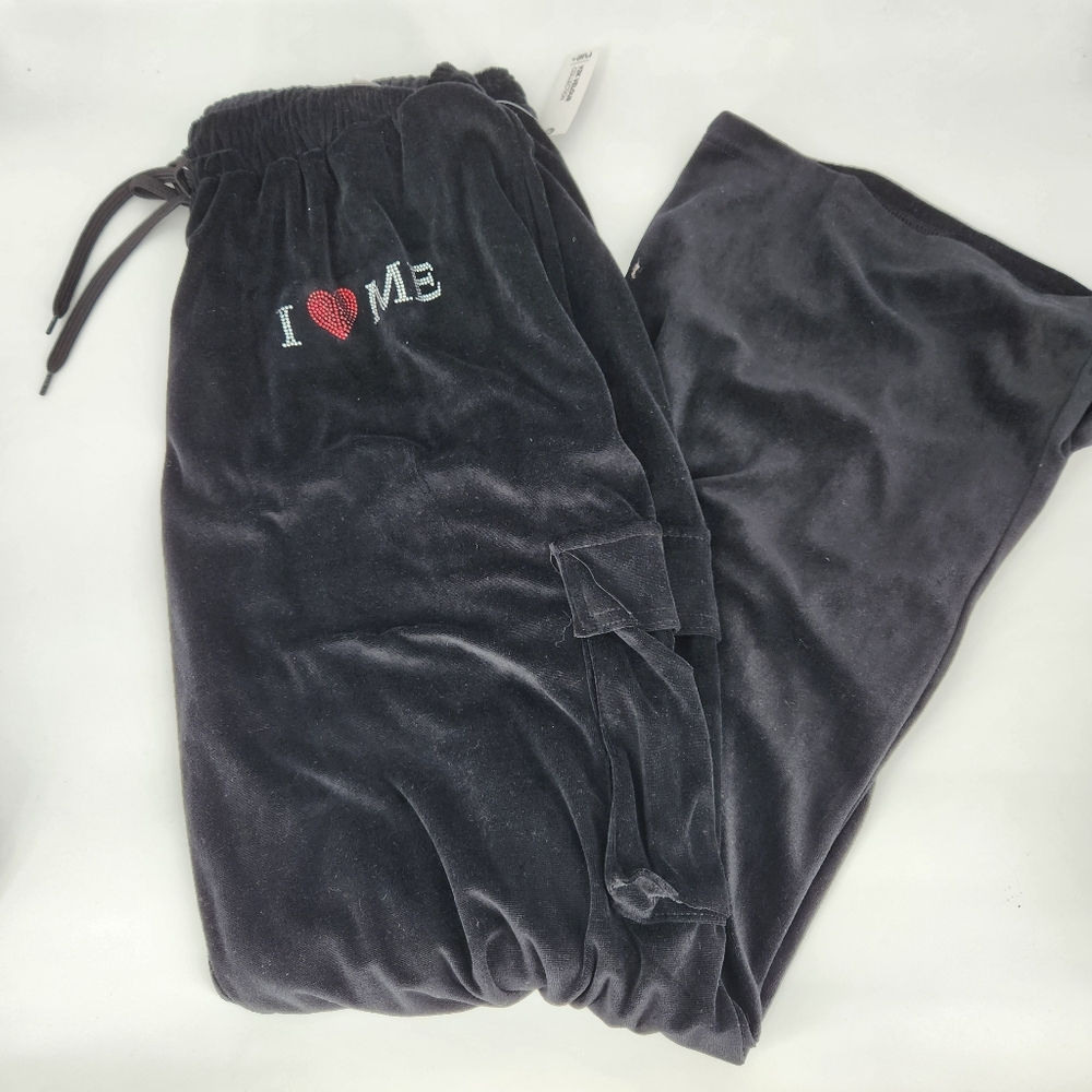 Rue21 Women's Y2K Velour Collection Velvet Cargo Black Joggers "I ❤️ Me" NWT